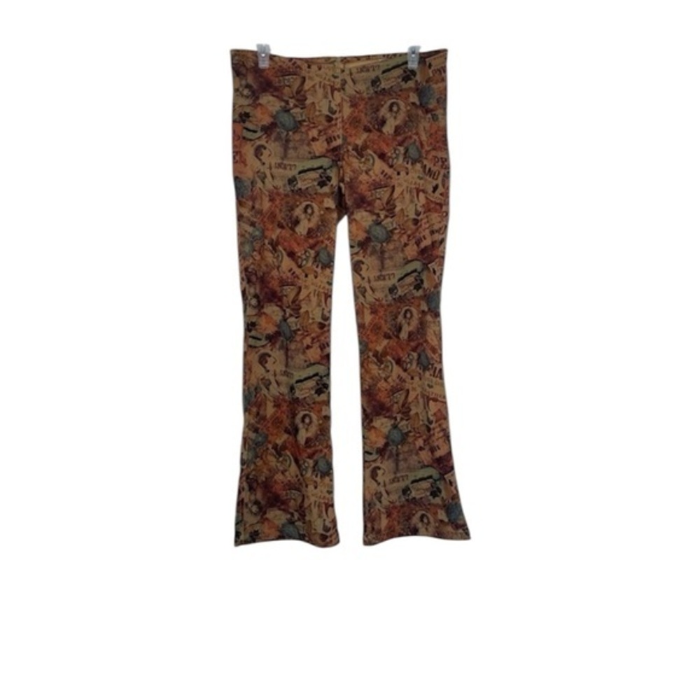 Talusa Rose Vintage Boho Collage Print Flared Pants 90s Y2K Artsy Retro Eclectic